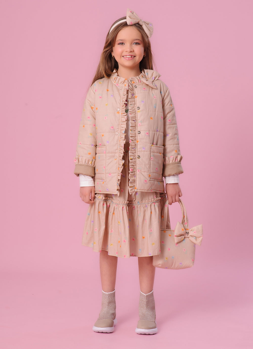 Maxi Casaco Puffer Algodão Estampado Florzinhas