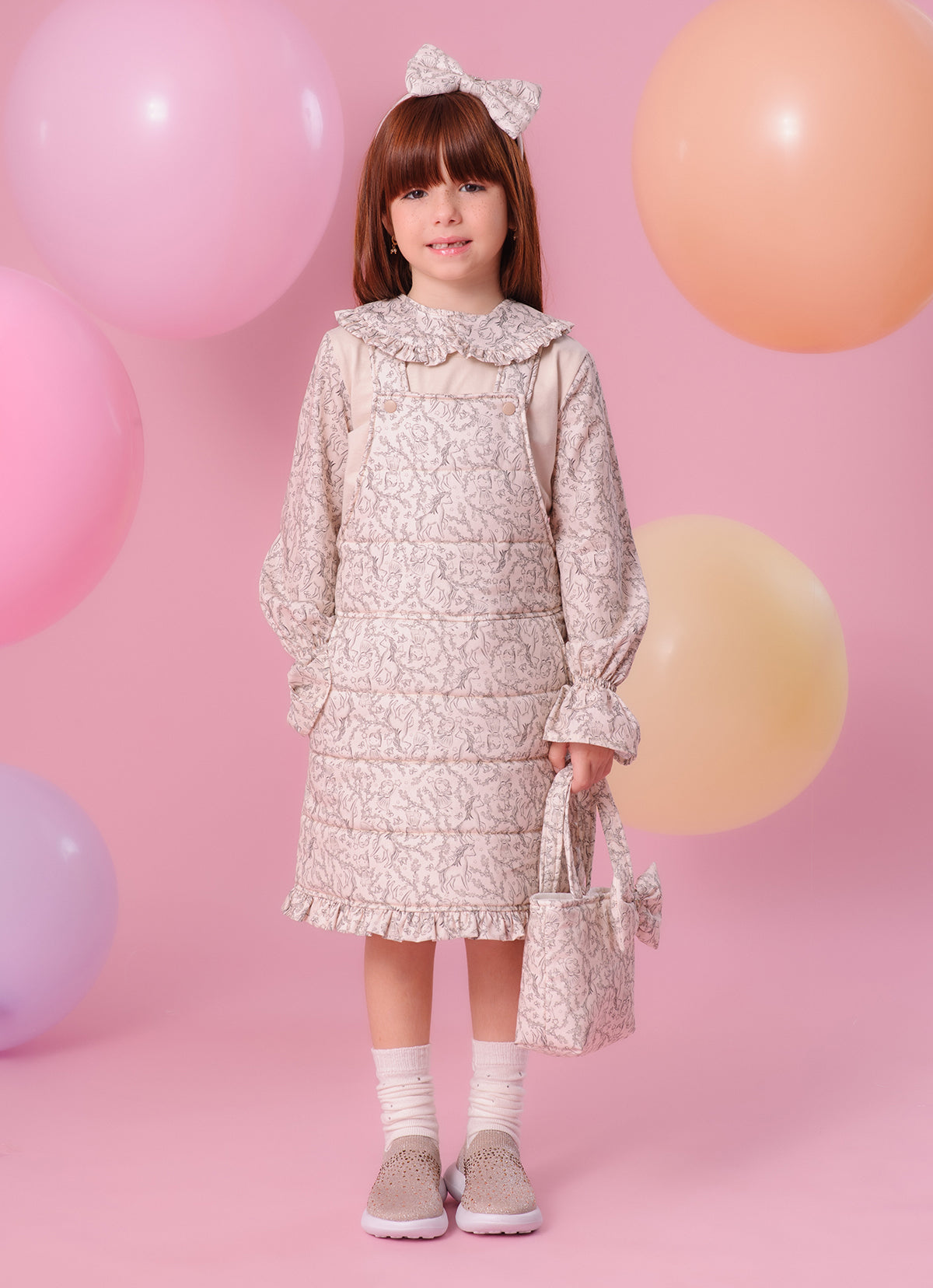 Jardineira Puffer Algodão Estampada Toile Babadinho