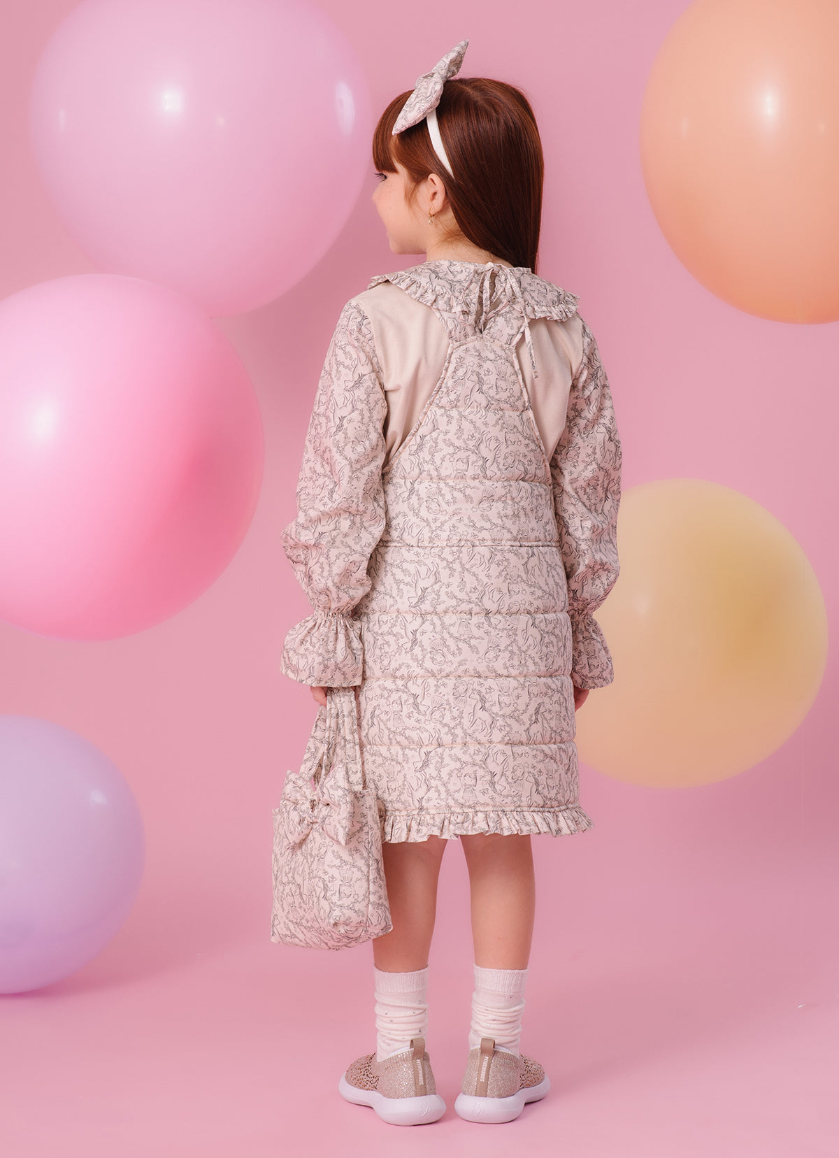 Jardineira Puffer Algodão Estampada Toile Babadinho