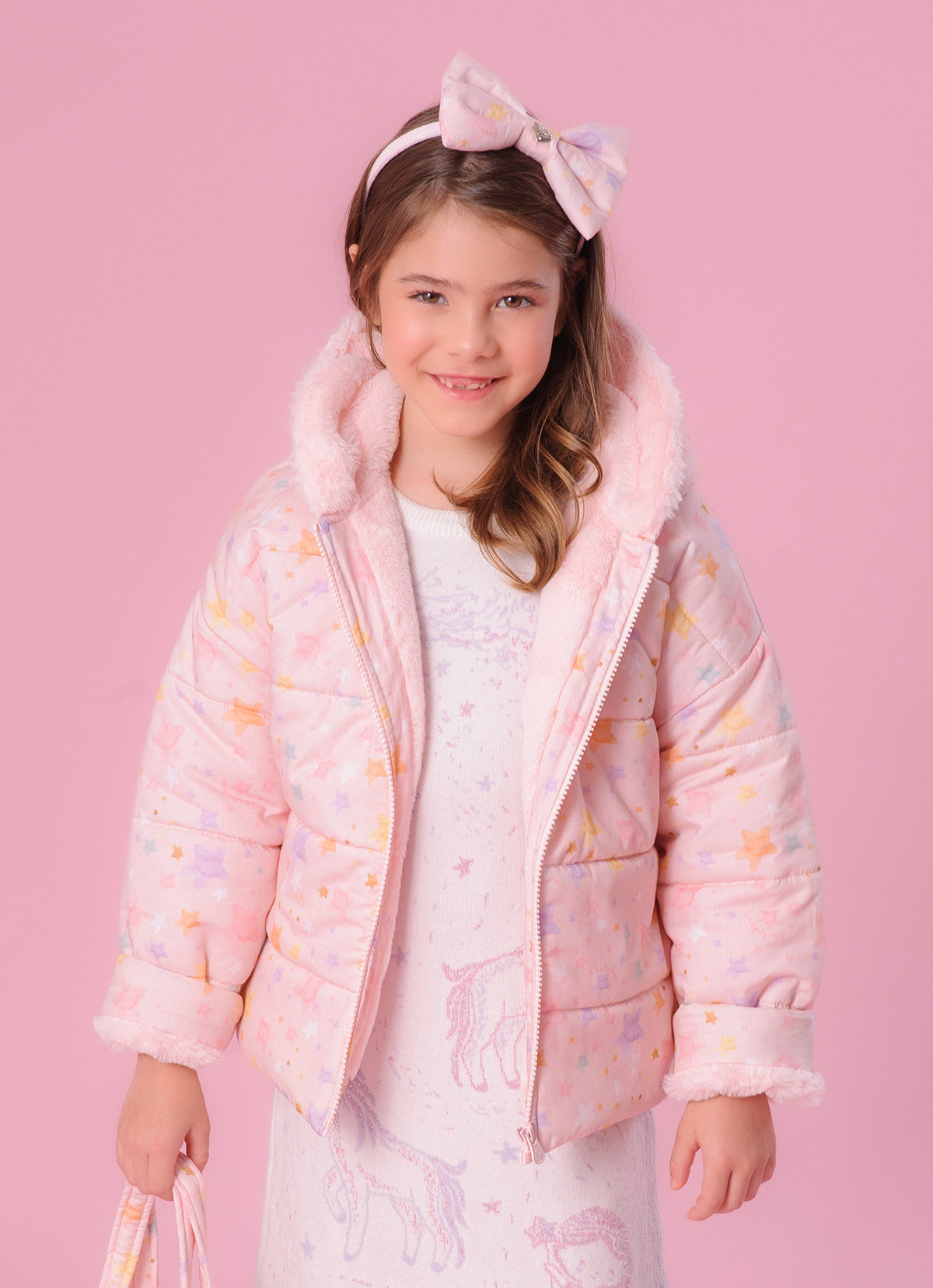 Casaco Puffer Algodão Estampado Estrelas Forro Pele