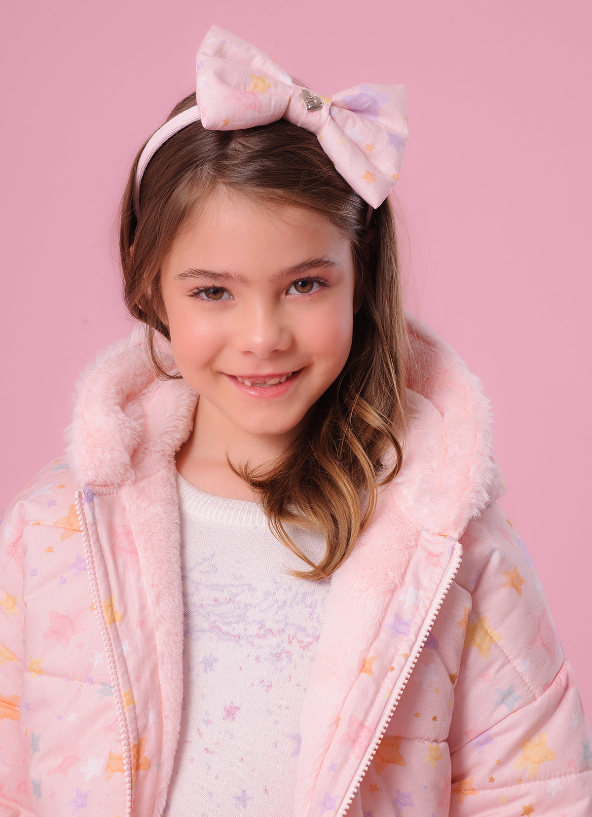 Casaco Puffer Algodão Estampado Estrelas Forro Pele