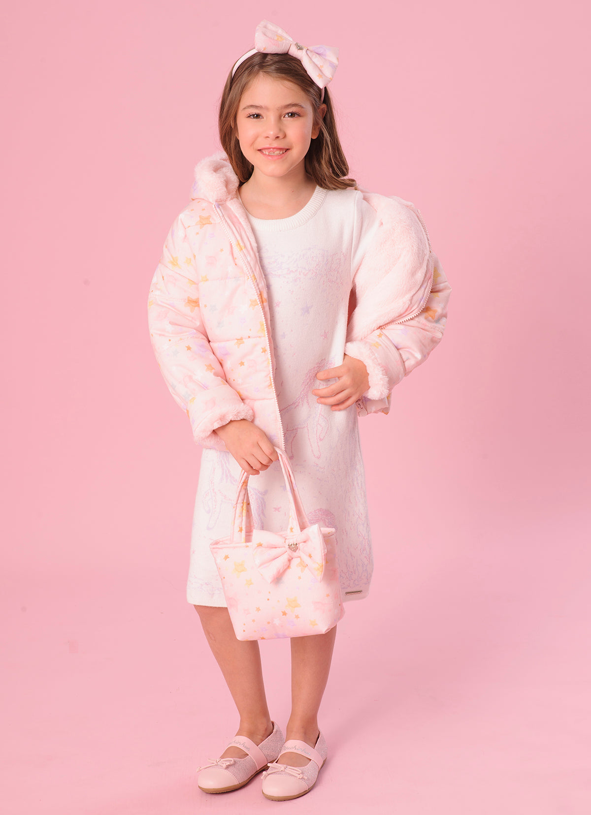 Casaco Puffer Algodão Estampado Estrelas Forro Pele