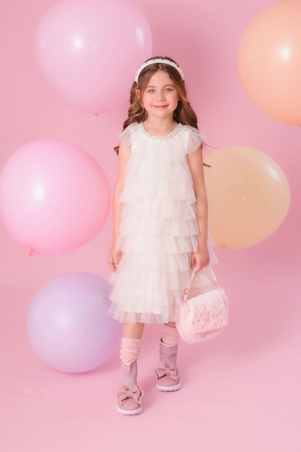 Vestido Babado Tule Colar Bordado