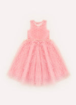 Vestido Frufru Tule Colar Bordado Com Cinto