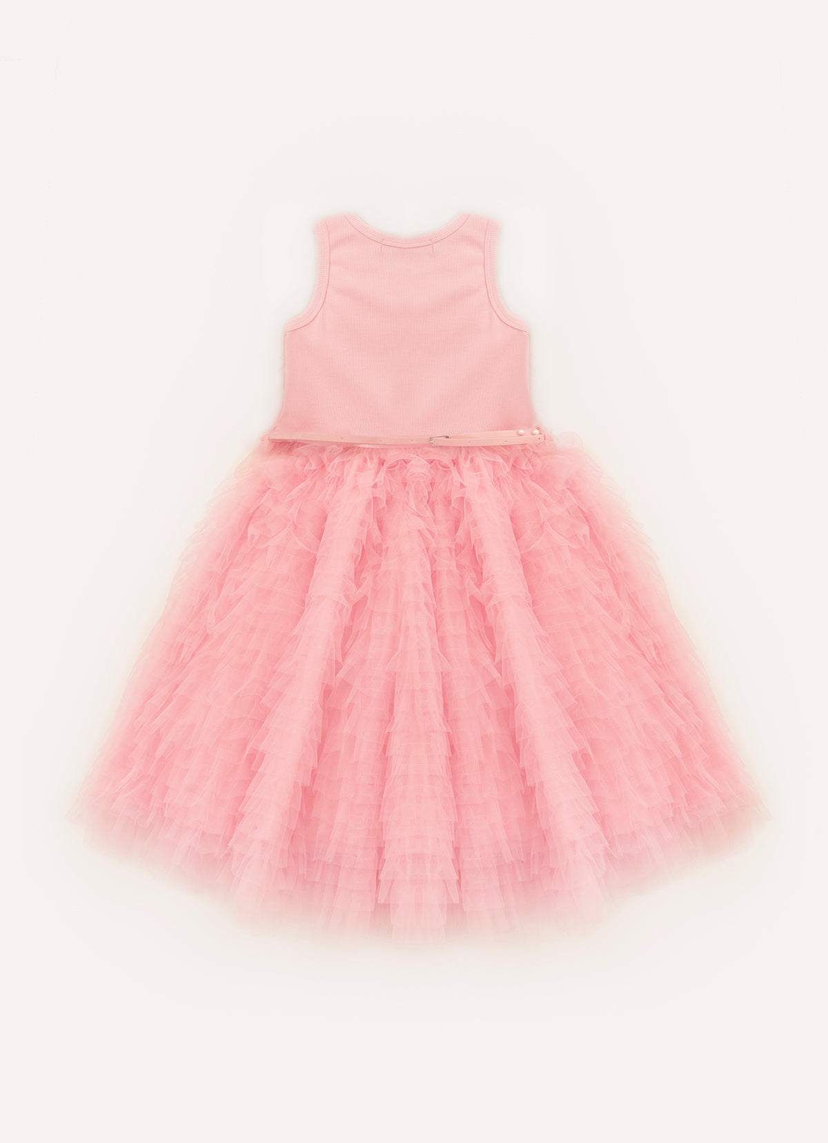 Vestido Frufru Tule Colar Bordado Com Cinto