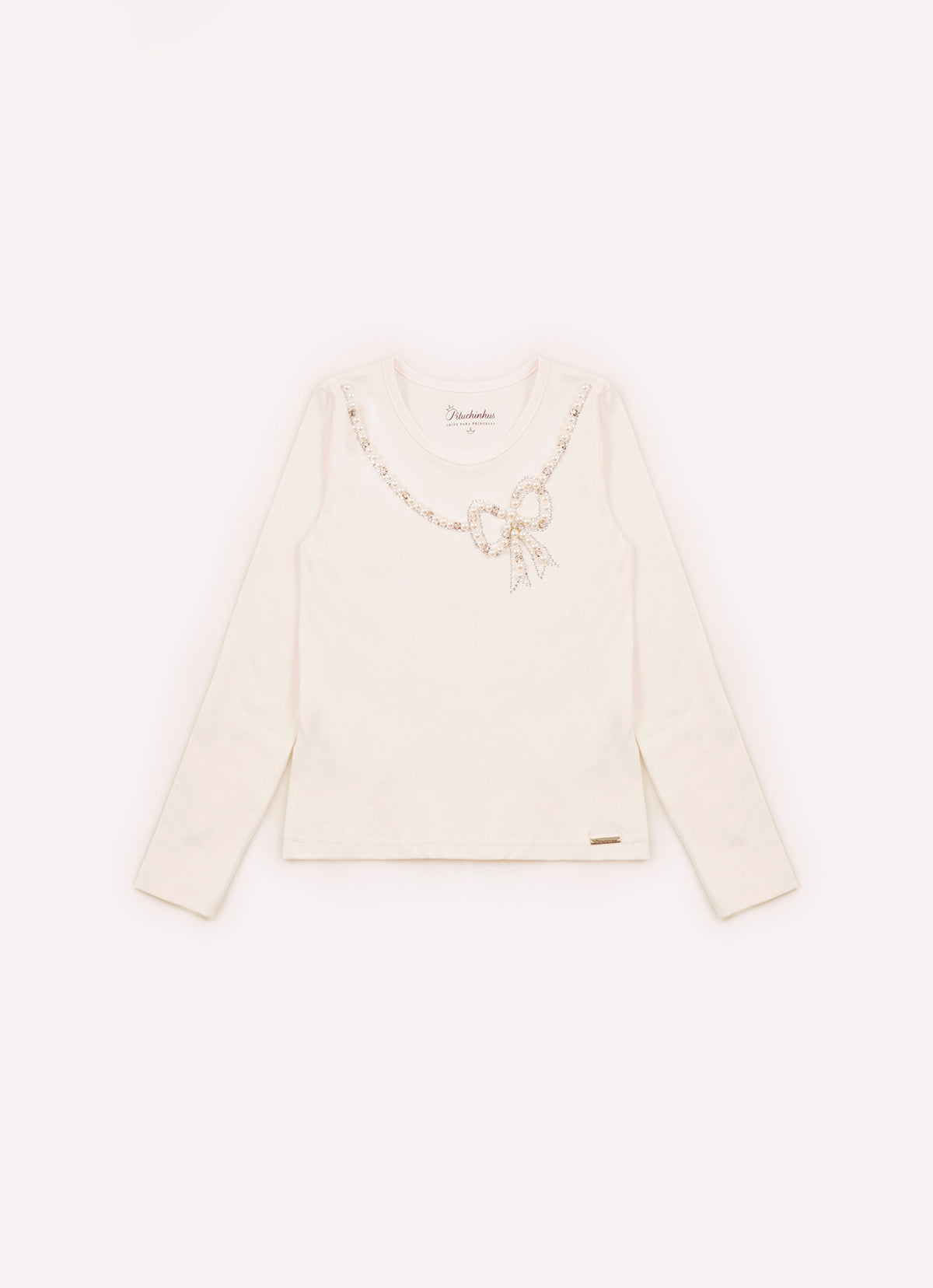 Blusa Cotton Colar Laço Bordado Pérolas e Cristais