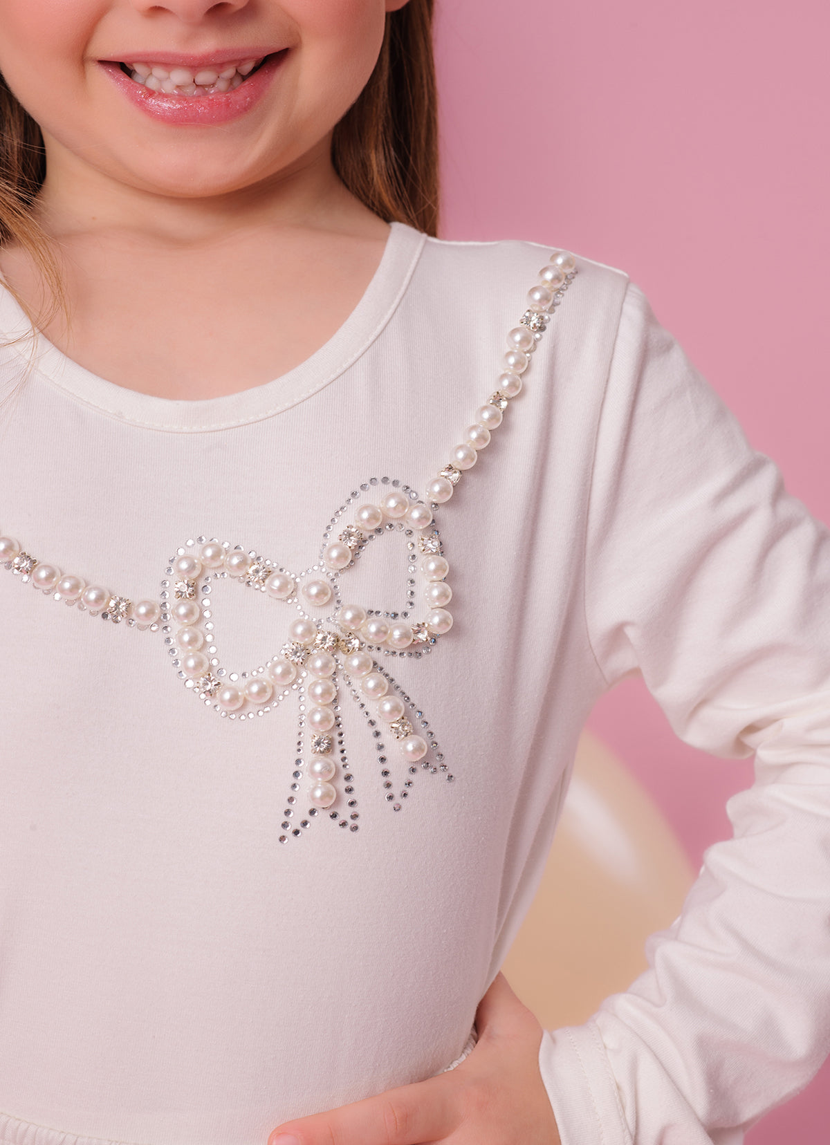 Blusa Cotton Colar Laço Bordado Pérolas e Cristais