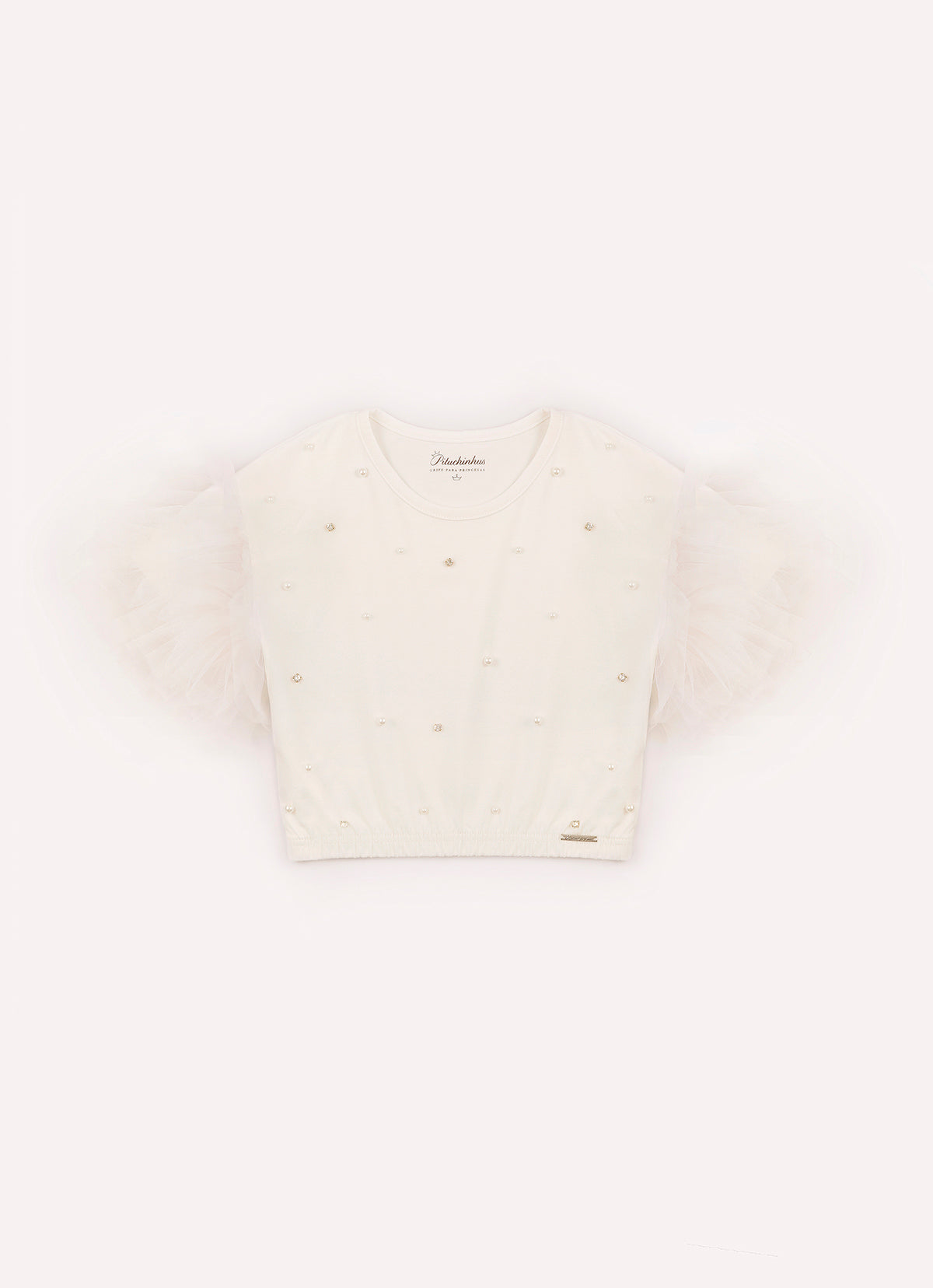 Blusa Cotton Manga Babados Tule Bordado Pérolas e Cristais