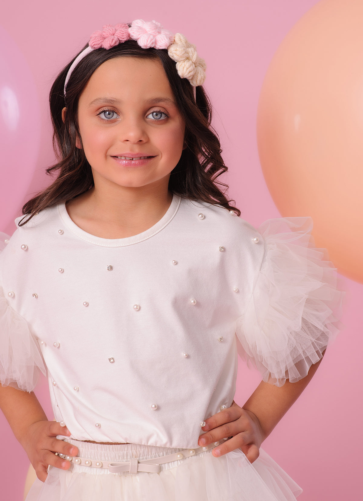 Blusa Cotton Manga Babados Tule Bordado Pérolas e Cristais