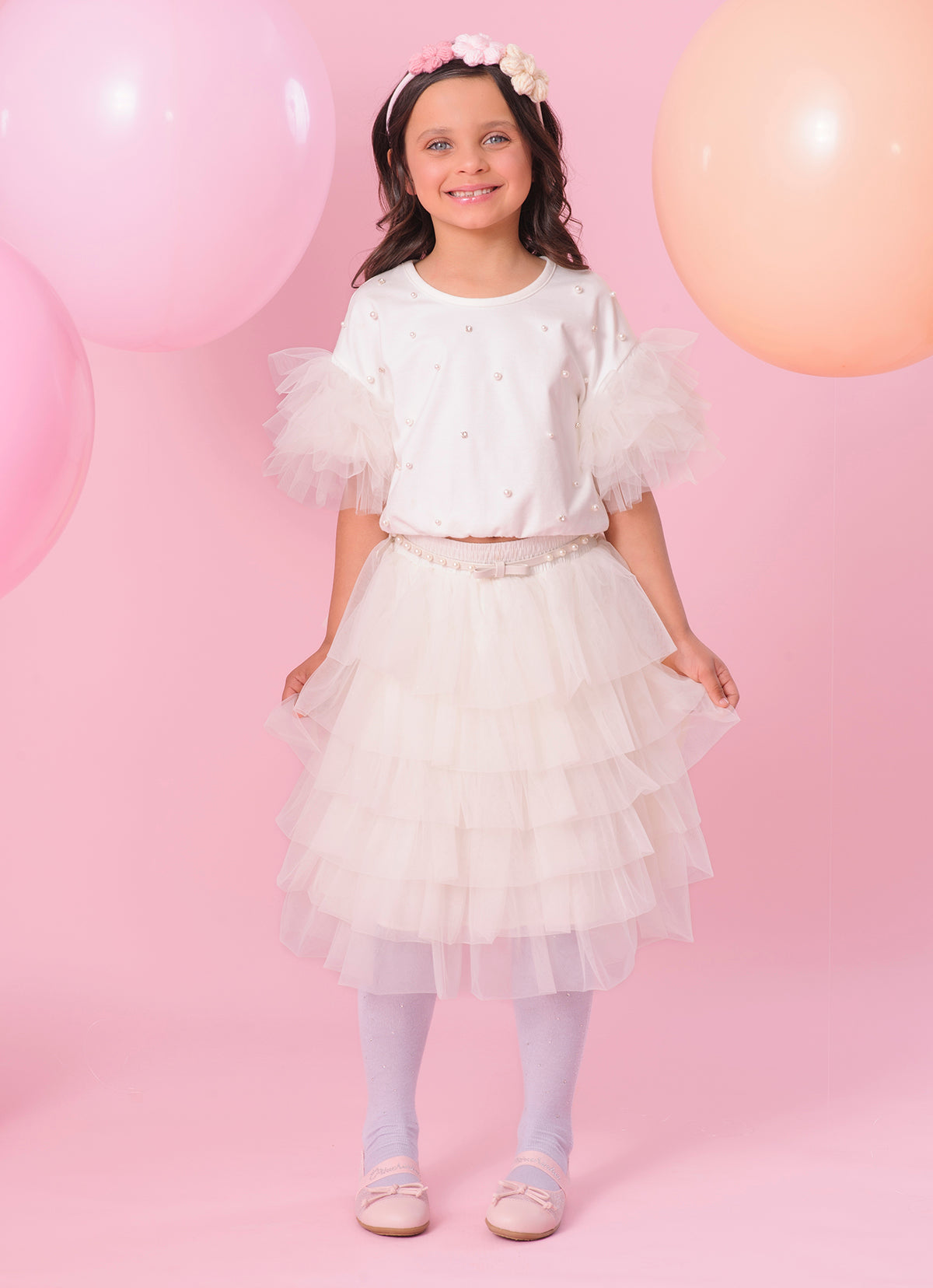 Blusa Cotton Manga Babados Tule Bordado Pérolas e Cristais