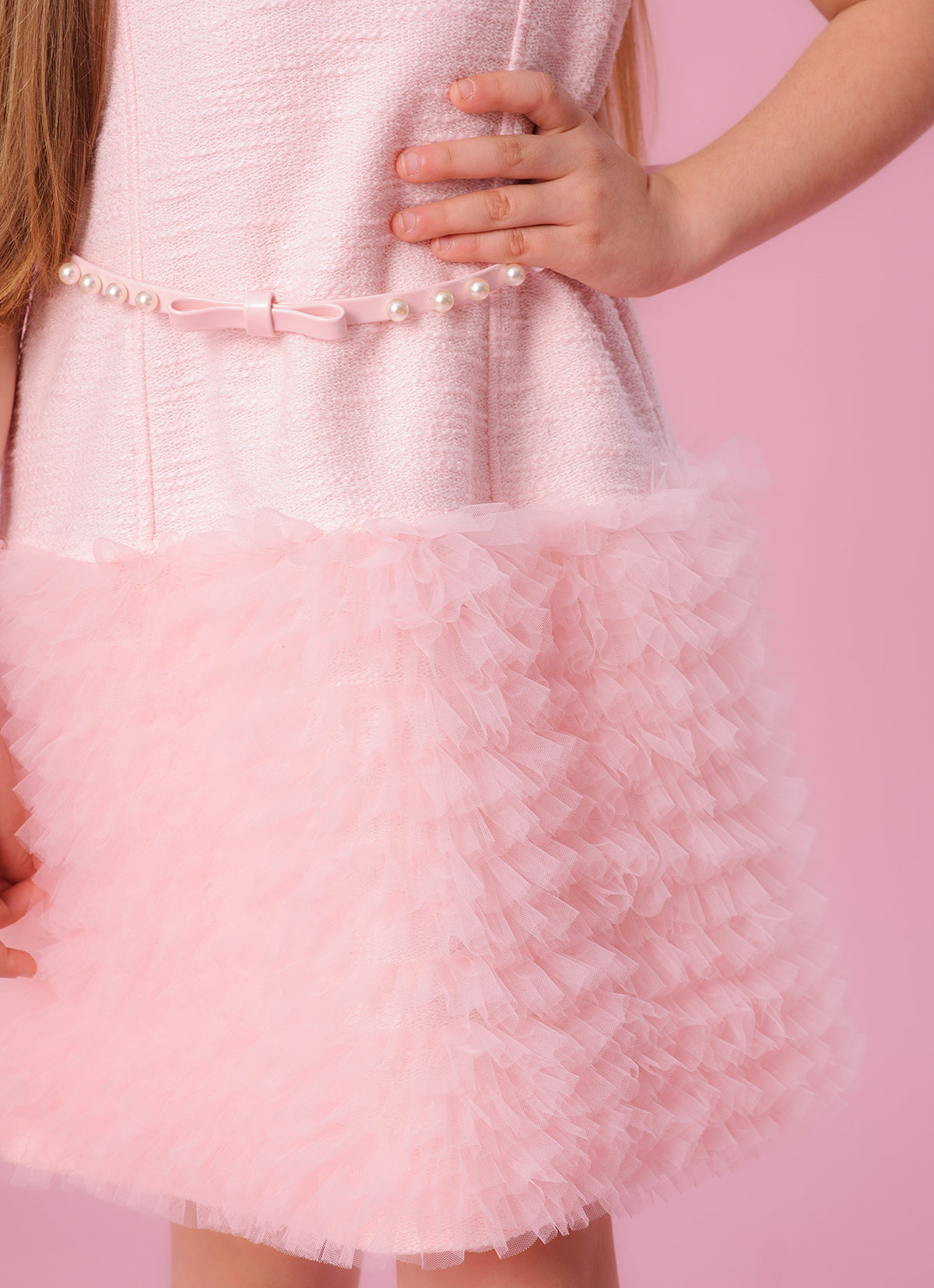 Vestido Boucle Saia Frufru Tule Com Cinto