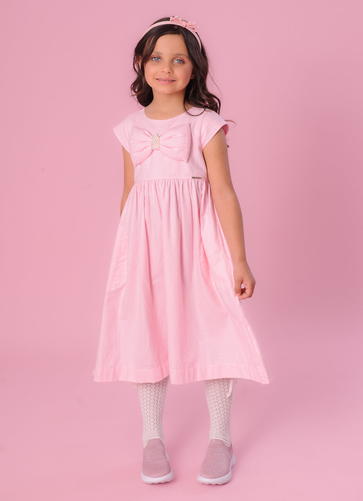 Vestido Flanela Xadrez Maxi Laços Puffer Bordado