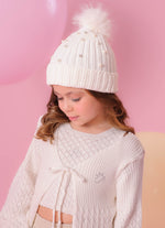 Touca Tricot Canelada Bordados Pompom Pele