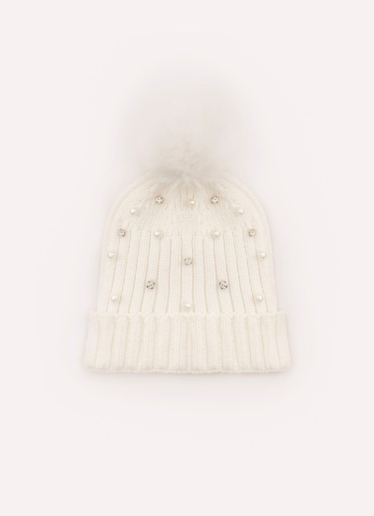 Touca Tricot Canelada Bordados Pompom Pele