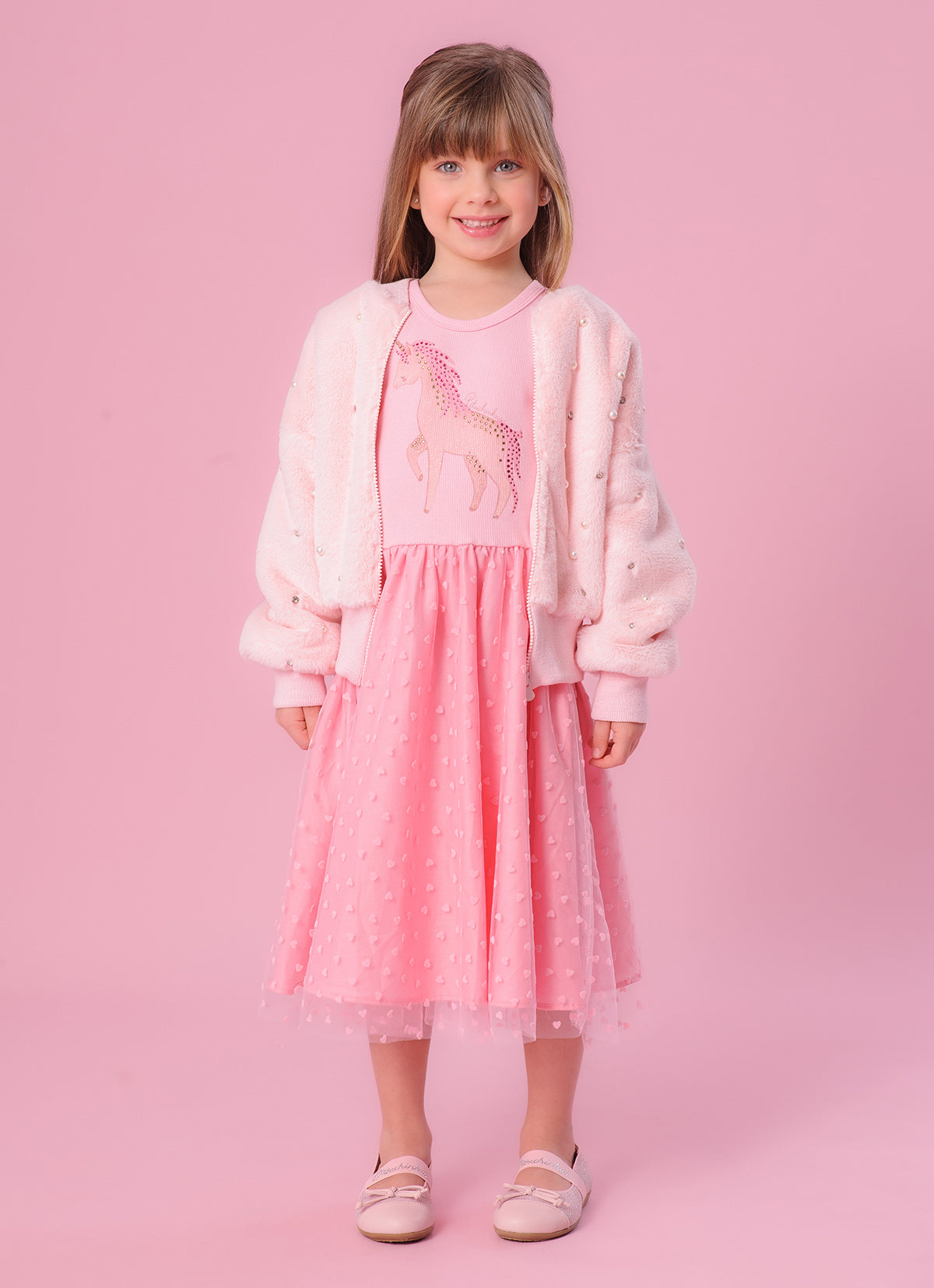 Vestido Unicórnio Cristal Saia Tule Corações