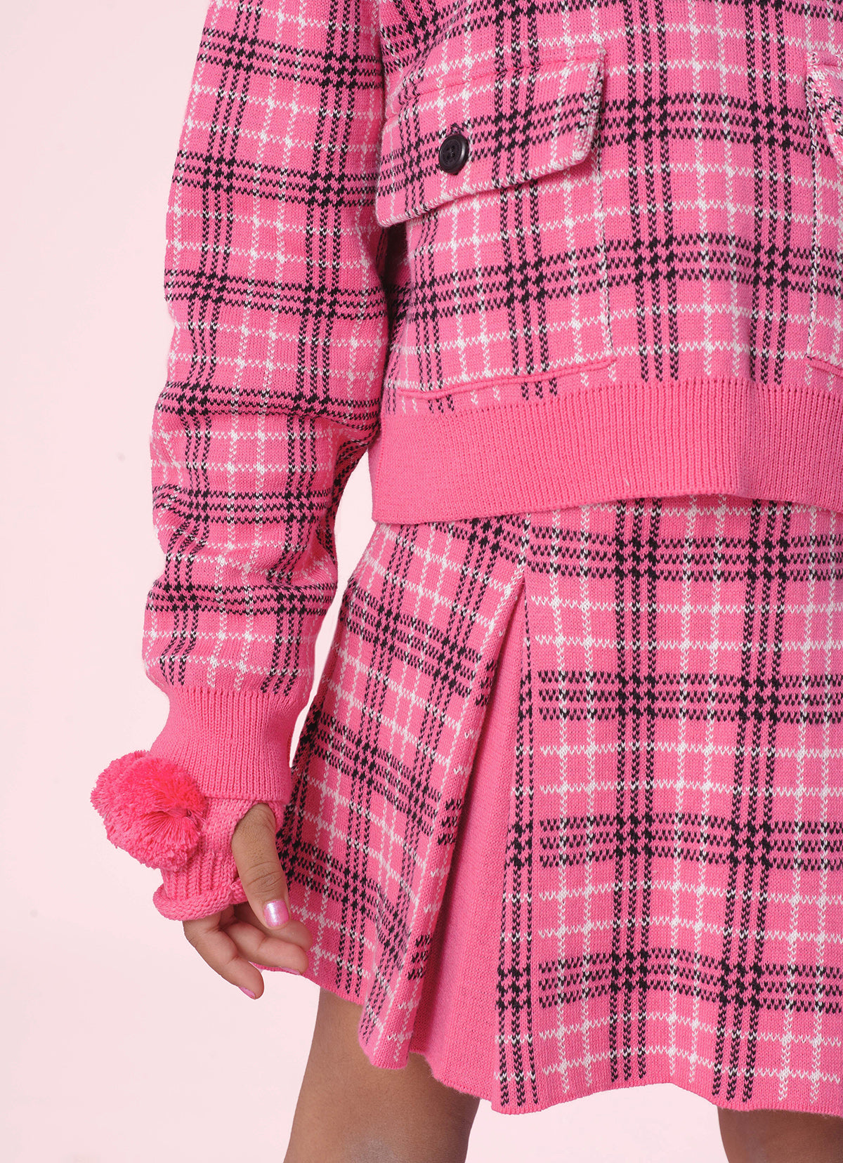 Blusa Tricot Xadrez Bolsos Lapela