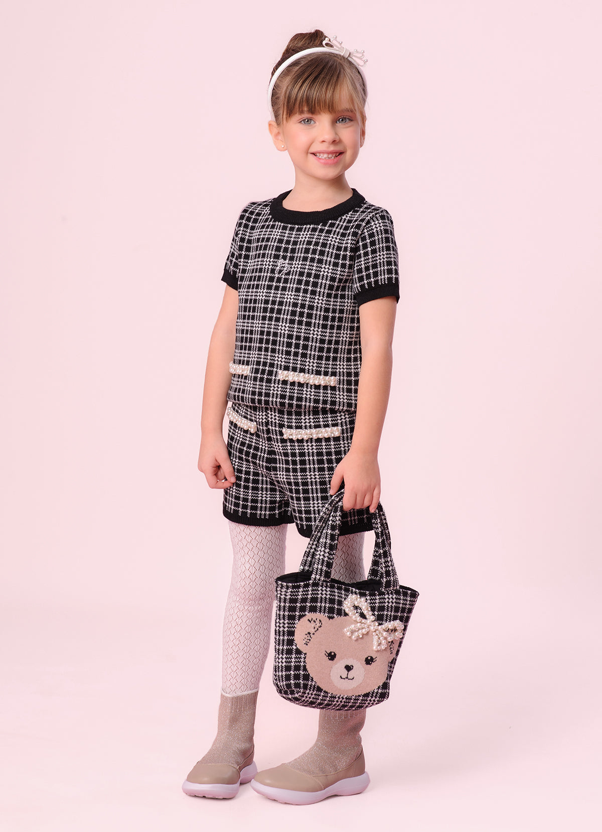 Blusa Tricot Xadrez Manga Curta Bolsos Bordados