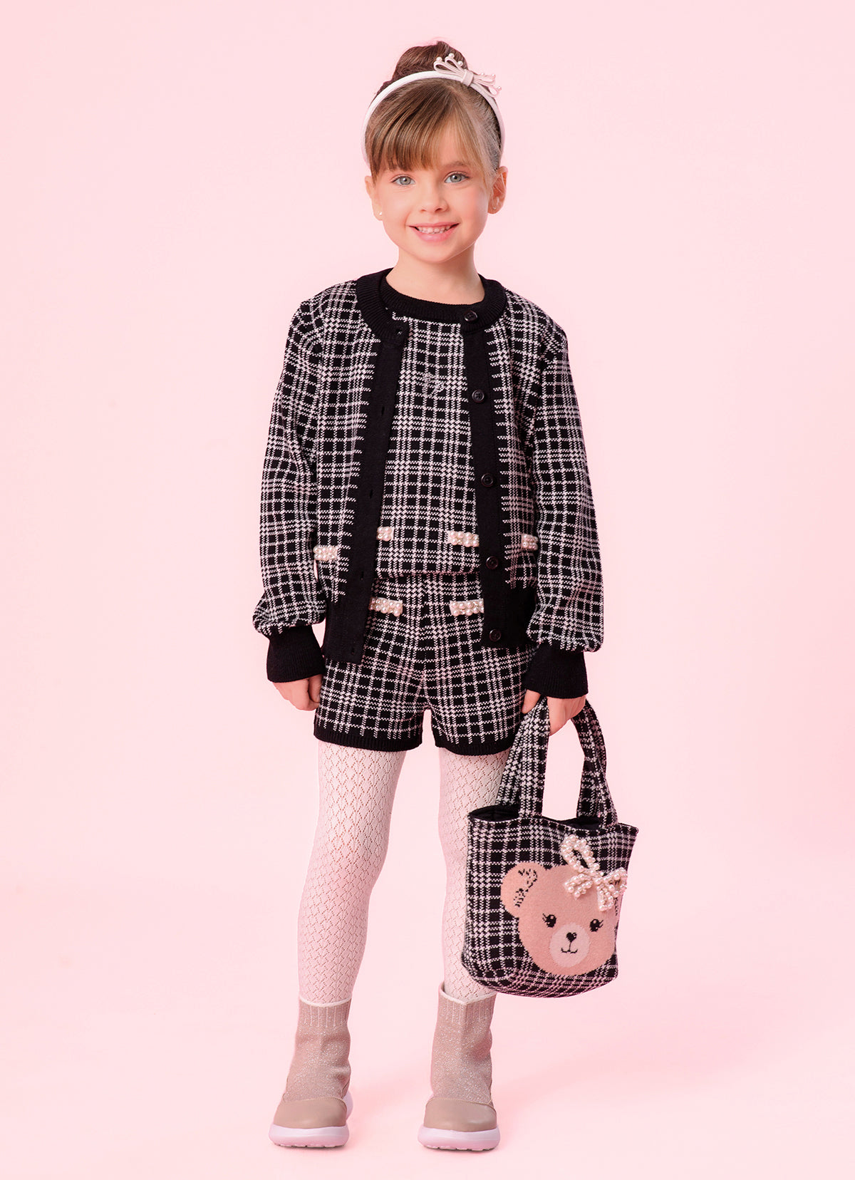 Short Tricot Xadrez Bolsos Bordados