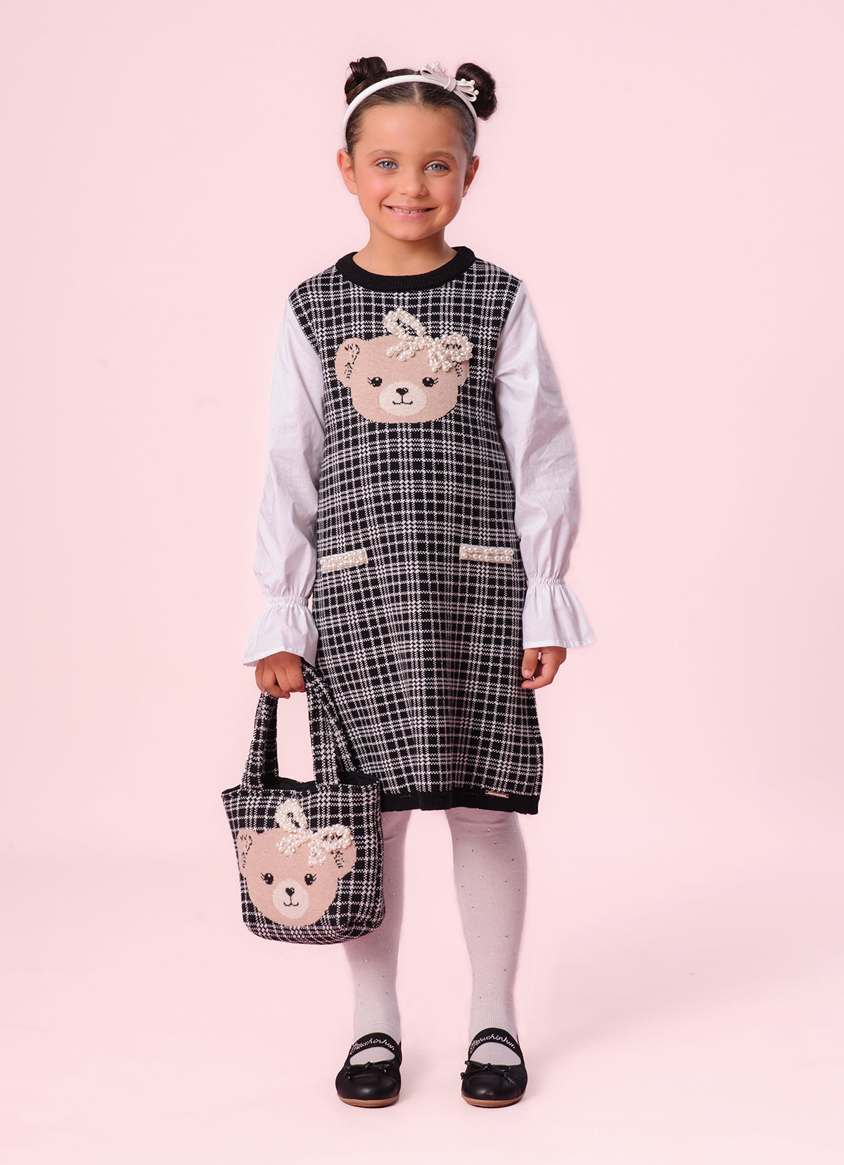 Vestido Tricot Xadrez Ursinha Mangas Tricoline