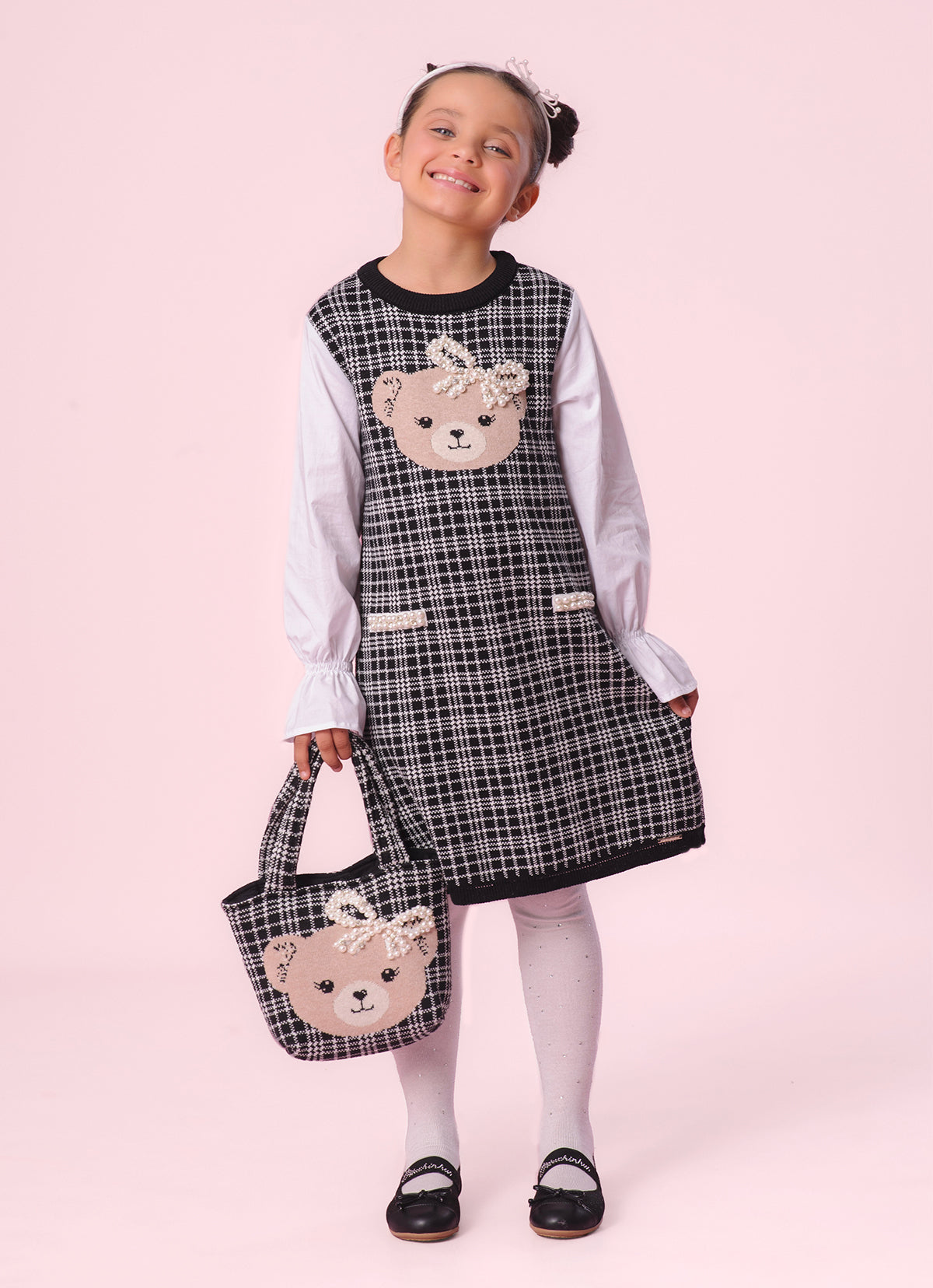 Vestido Tricot Xadrez Ursinha Mangas Tricoline