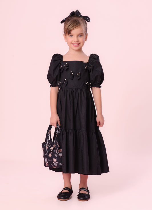 Vestido Tricoline Babados Multi Laços Bordados Vestido Tricoline Babados Multi Laços Bordados