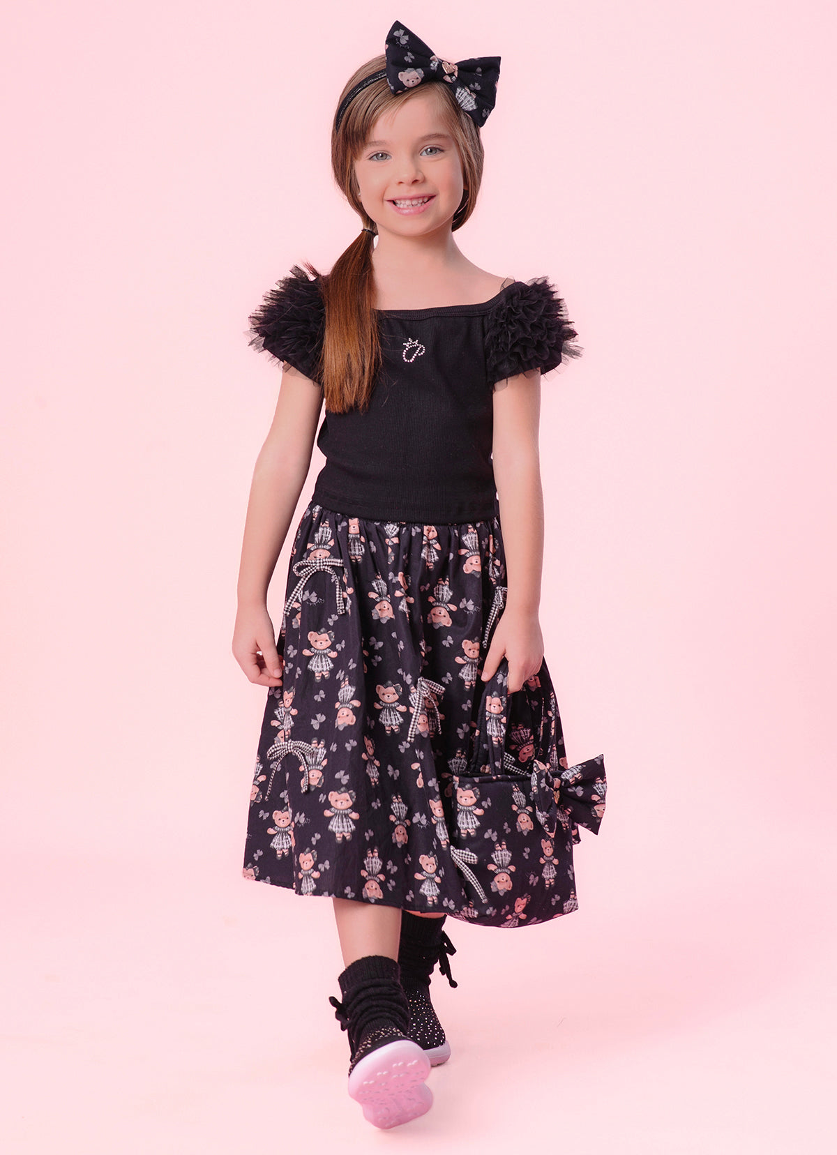 Saia Short Midi Algodão Estampa Ursinhas e Laços
