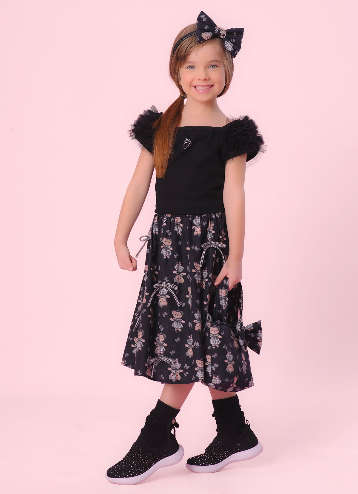 Saia Short Midi Algodão Estampa Ursinhas e Laços
