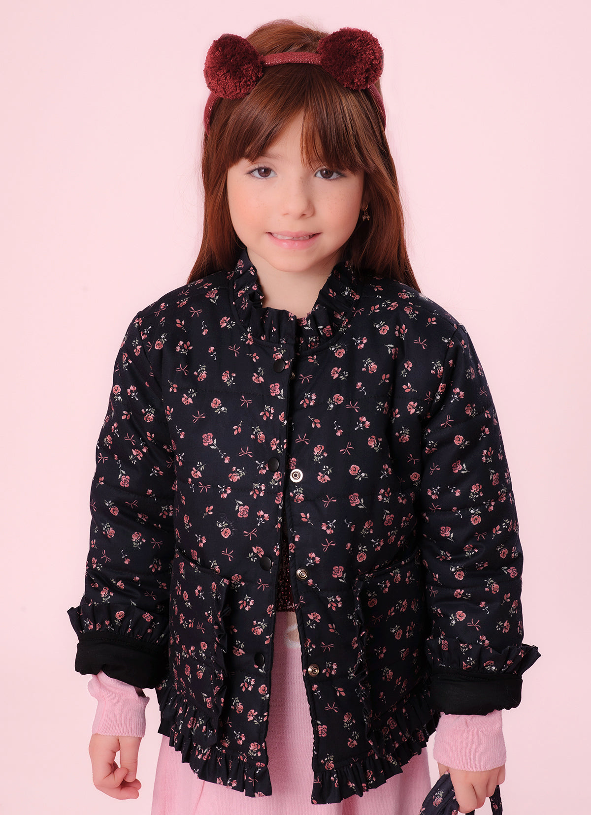 Casaco Puffer Algodão Estampa de Mini Flores Babadinhos
