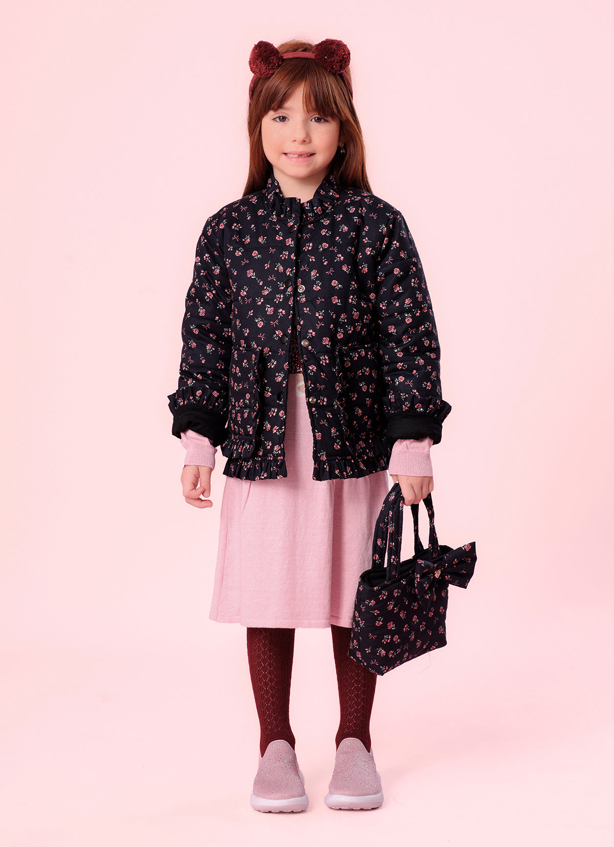 Casaco Puffer Algodão Estampa de Mini Flores Babadinhos
