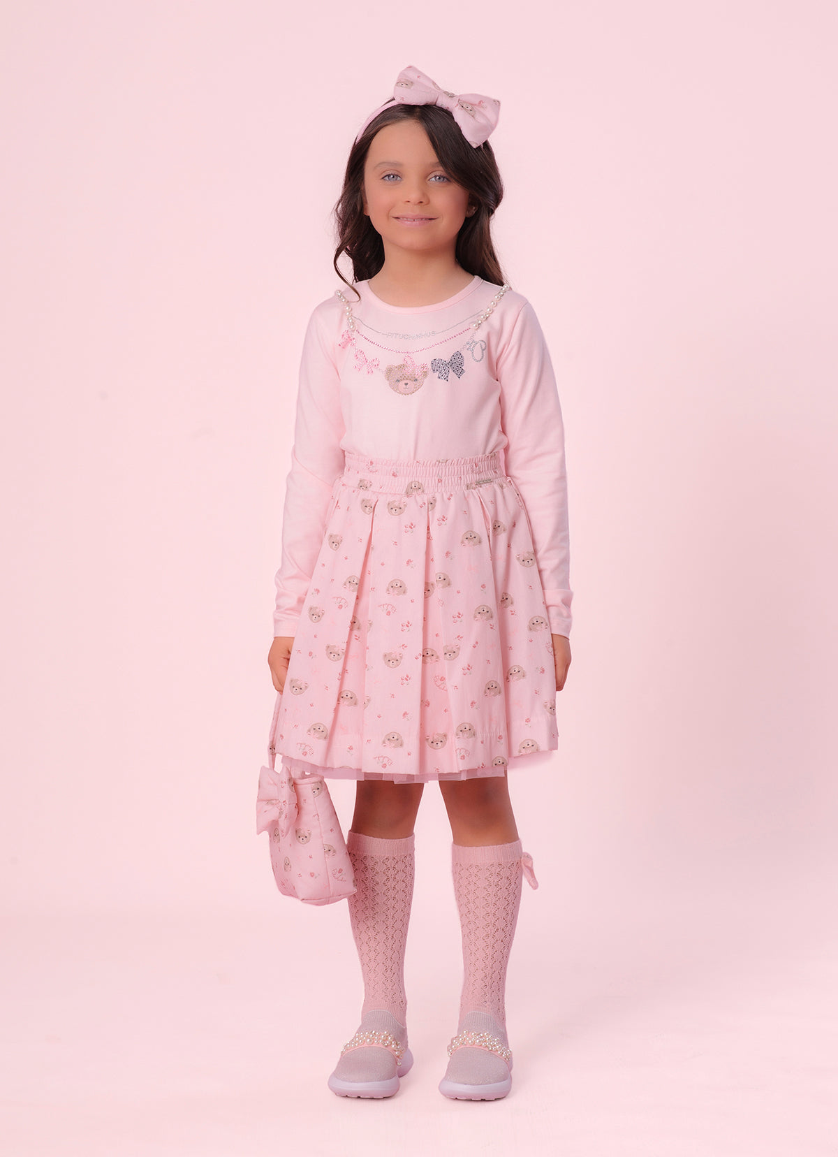 Saia Short Algodão Pregas Estampa Ursinhas e Flores