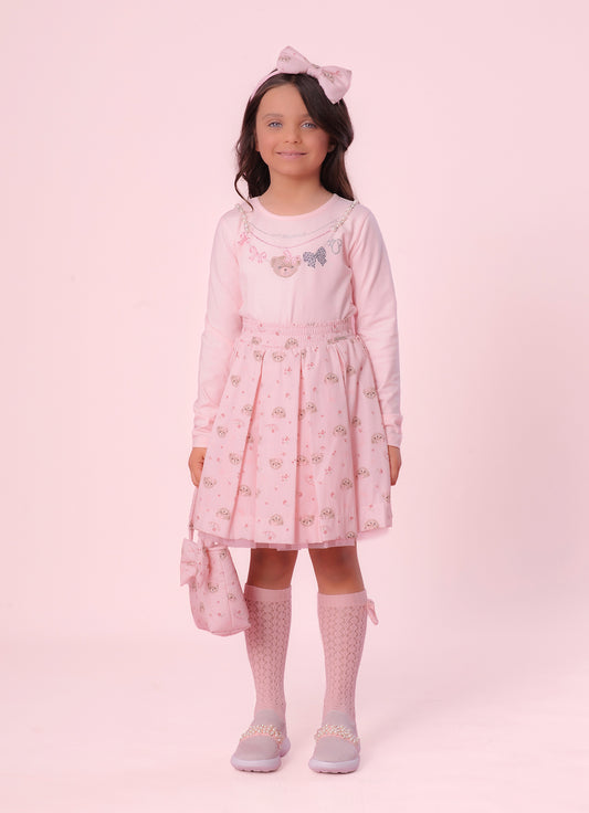 Saia Short Algodão Pregas Estampa Ursinhas e Flores Saia Short Algodão Pregas Estampa Ursinhas e Flores