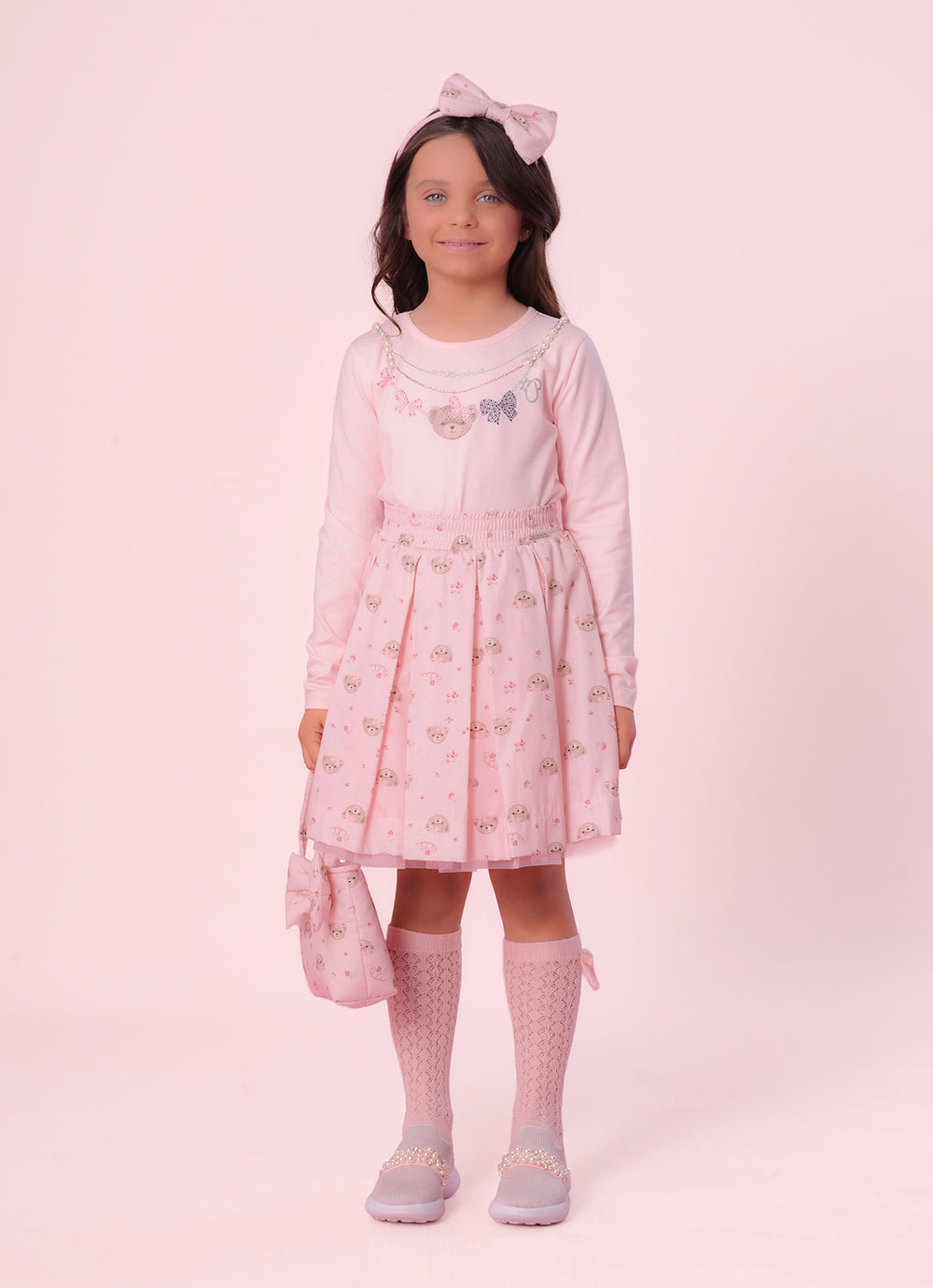 Saia Short Algodão Pregas Estampa Ursinhas e Flores