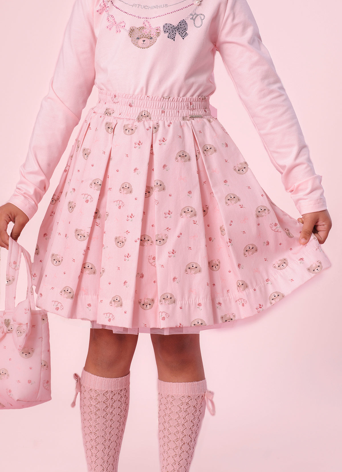 Saia Short Algodão Pregas Estampa Ursinhas e Flores
