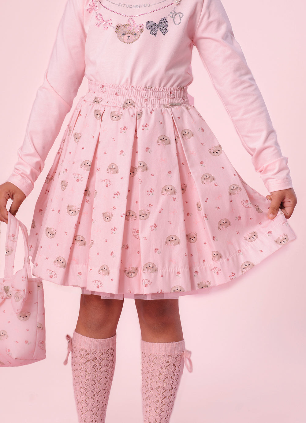 Saia Short Algodão Pregas Estampa Ursinhas e Flores