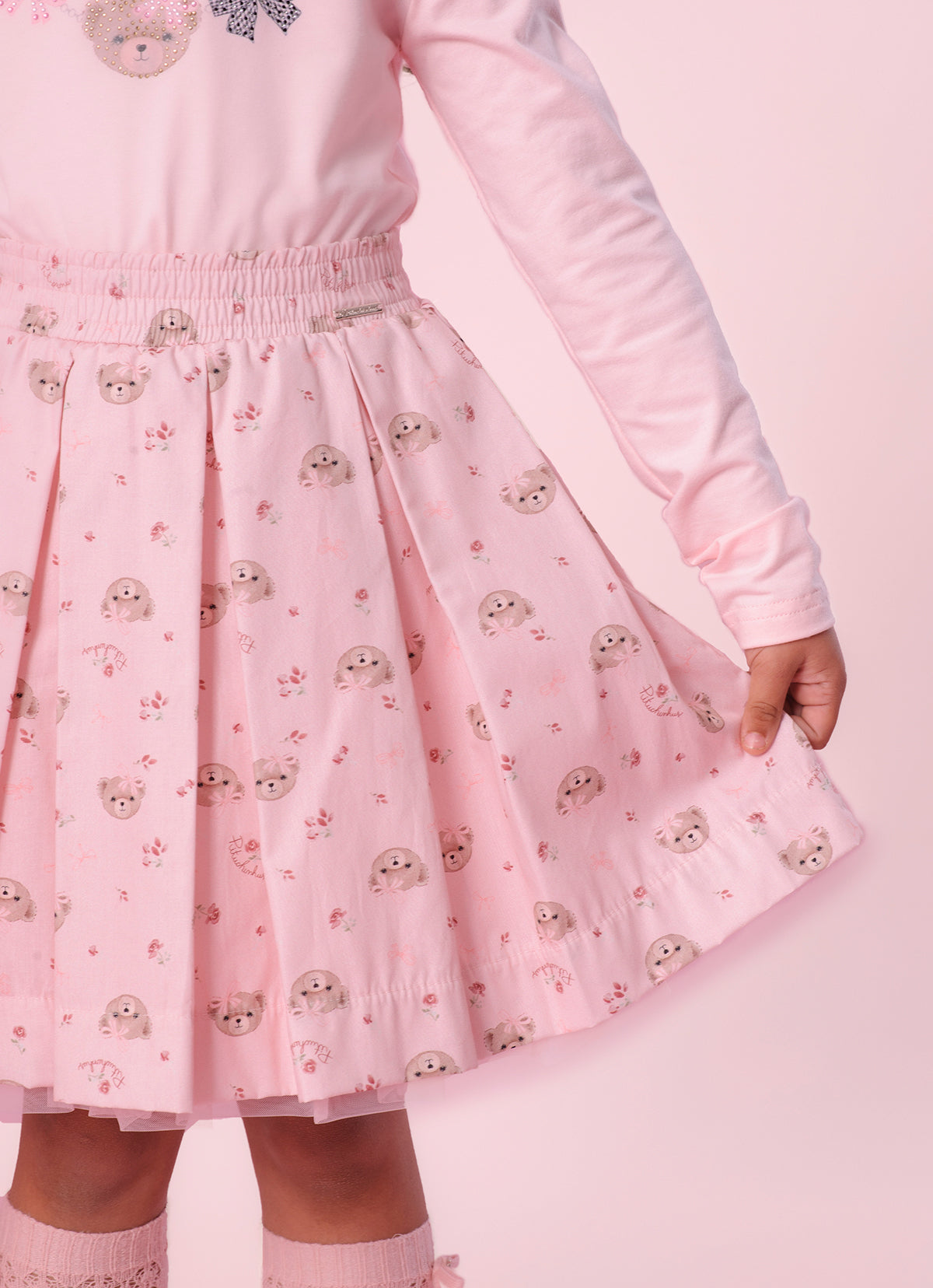 Saia Short Algodão Pregas Estampa Ursinhas e Flores