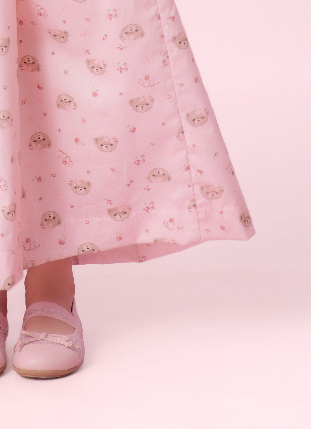 Vestido Algodão Midi Estampa Ursos e Flores Laços Puffer