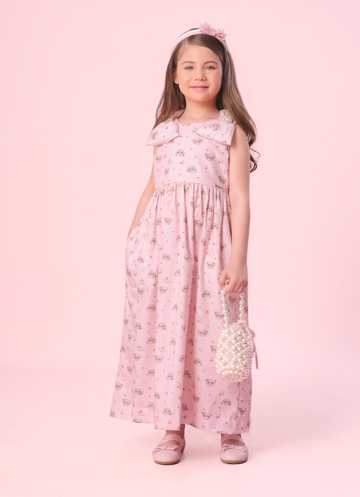 Vestido Algodão Midi Estampa Ursos e Flores Laços Puffer