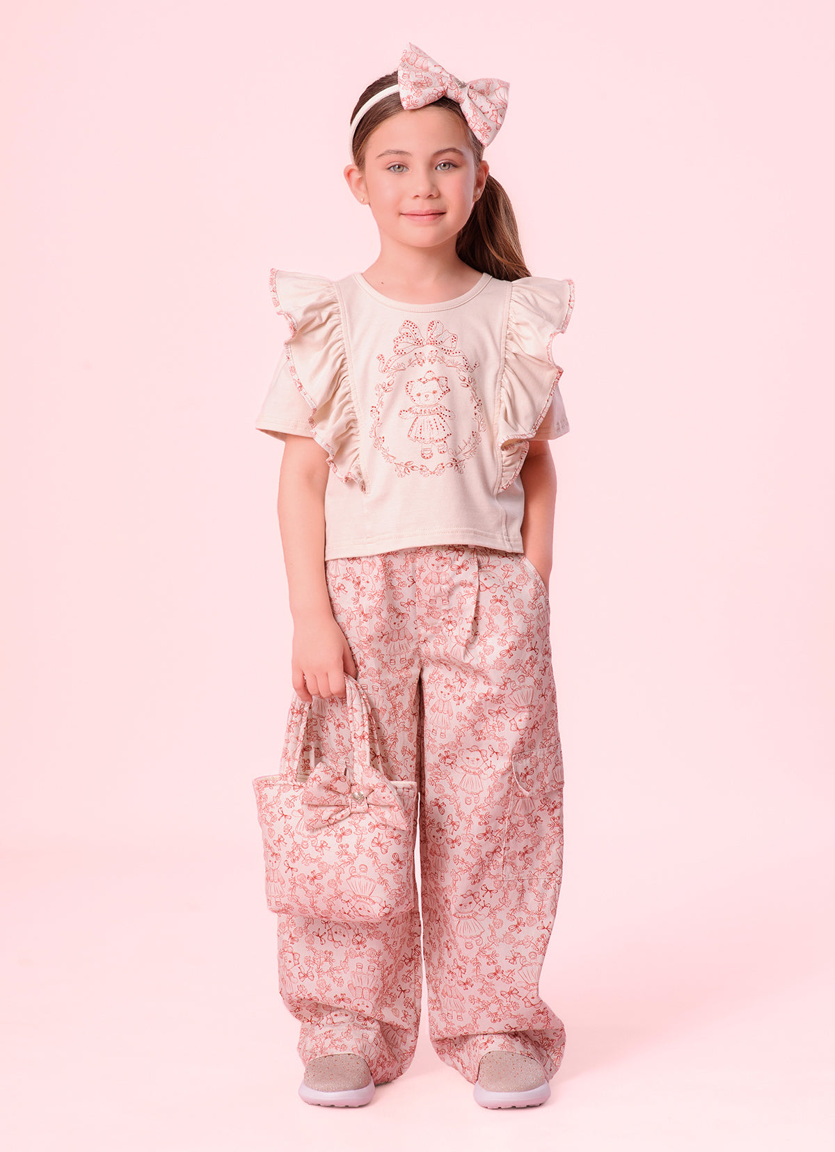 Calça Reta Algodão Estampa Toile Pregas e Bolsos