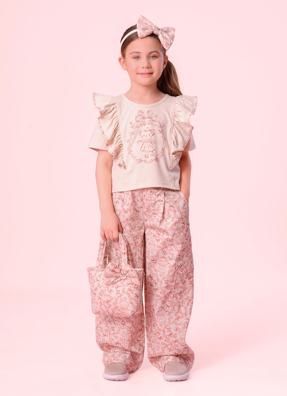 Calça Reta Algodão Estampa Toile Pregas e Bolsos