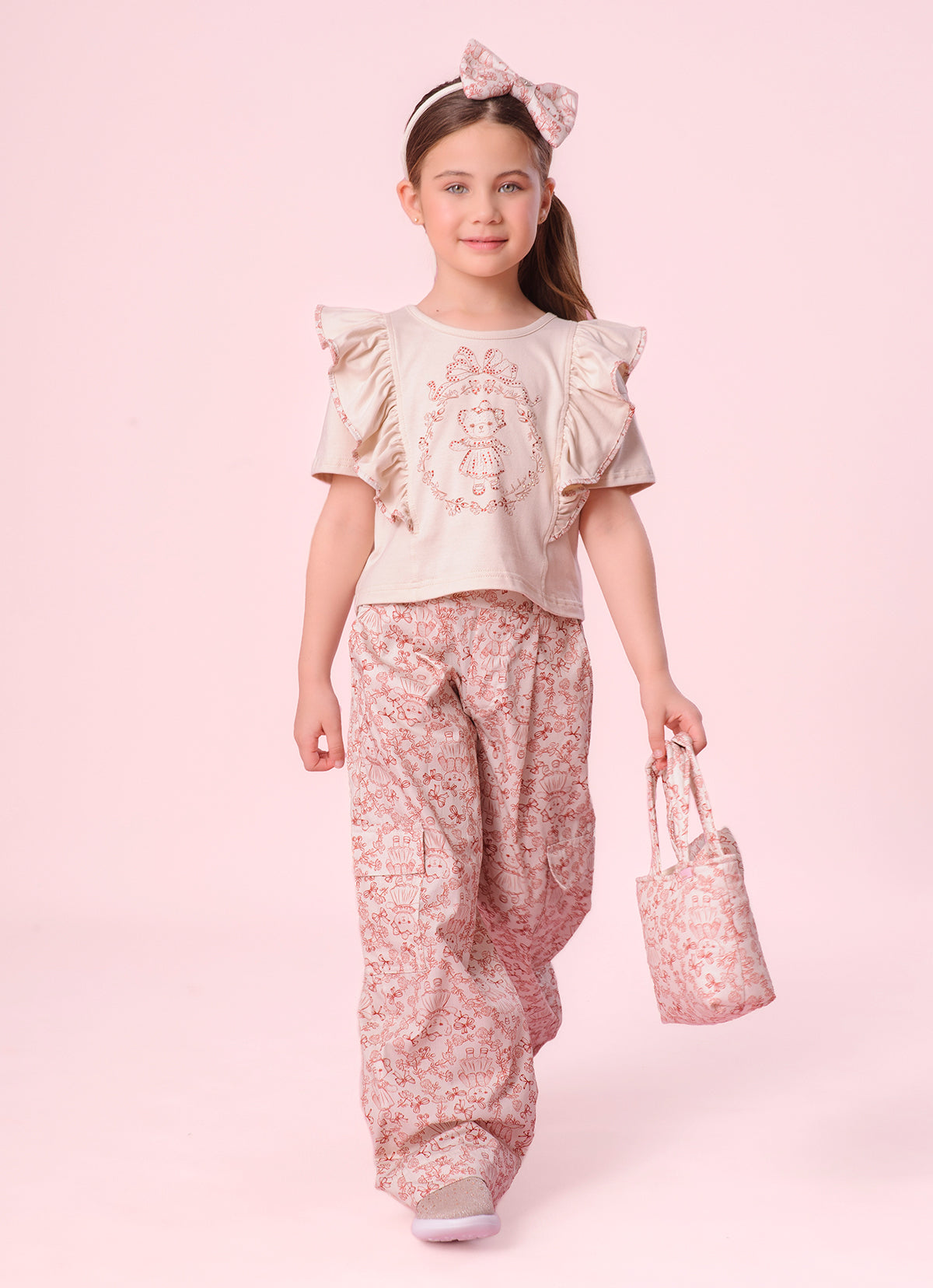 Calça Reta Algodão Estampa Toile Pregas e Bolsos