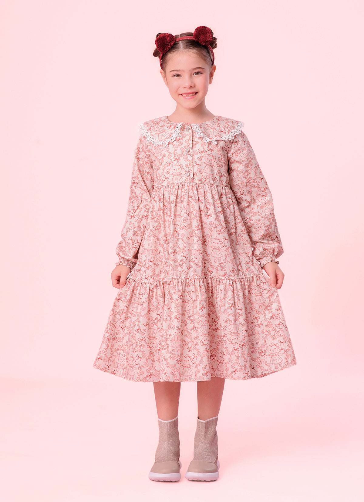 Vestido Algodão Babados Estampa Toile Golinha Renda