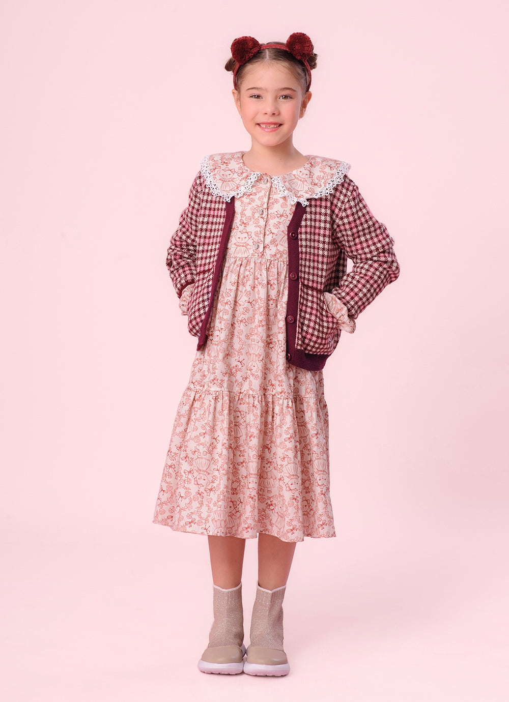 Vestido Algodão Babados Estampa Toile Golinha Renda