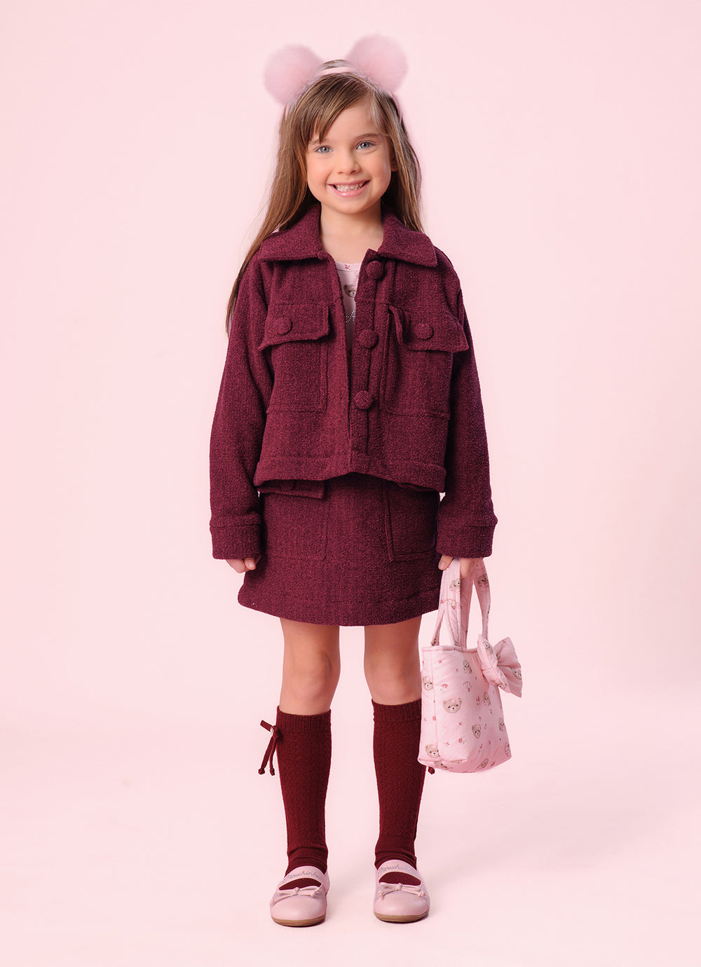 Casaco Tweed Bolsos Botão Forrado