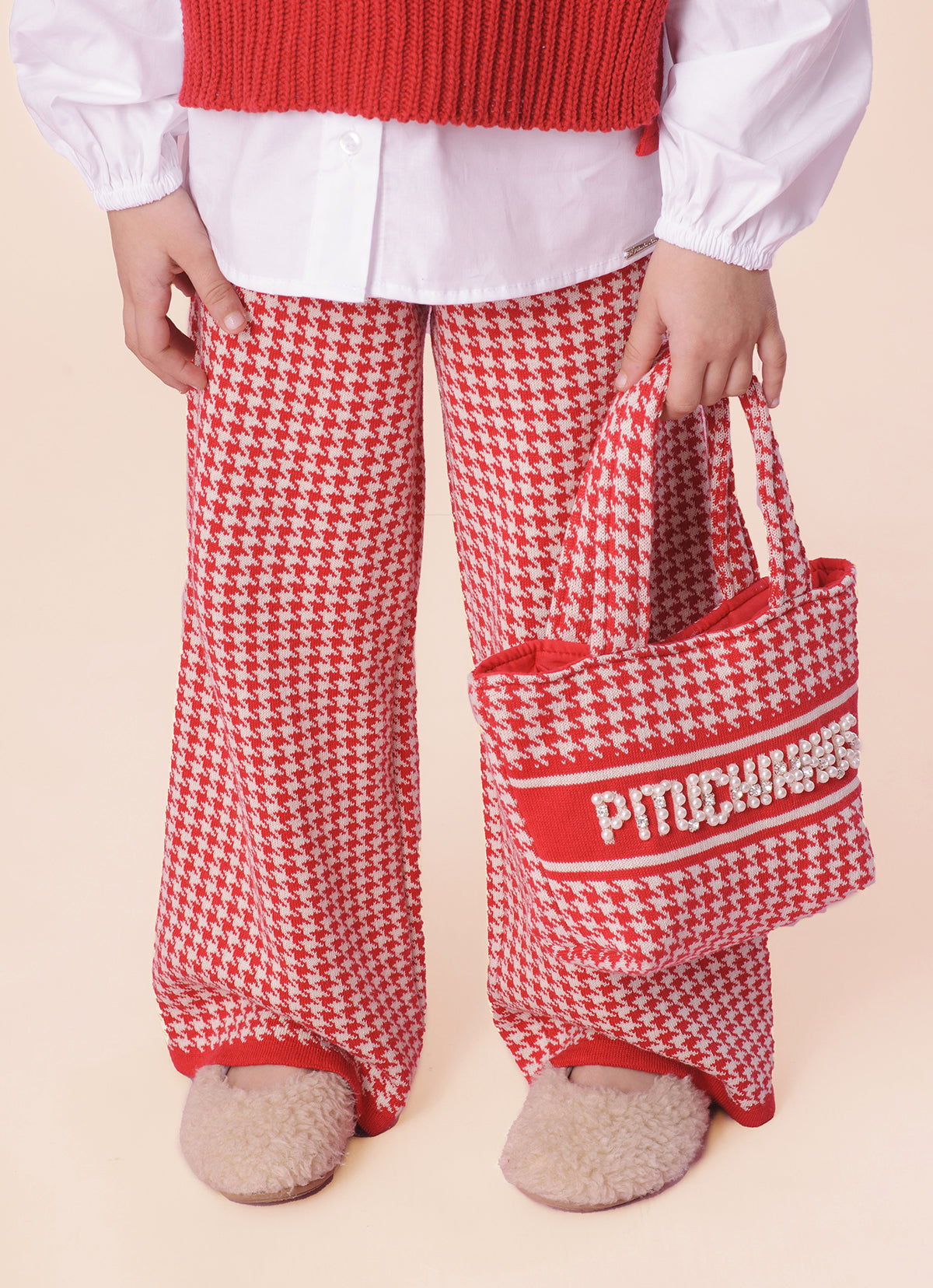 Calça Tricot Reta Pied de Poule