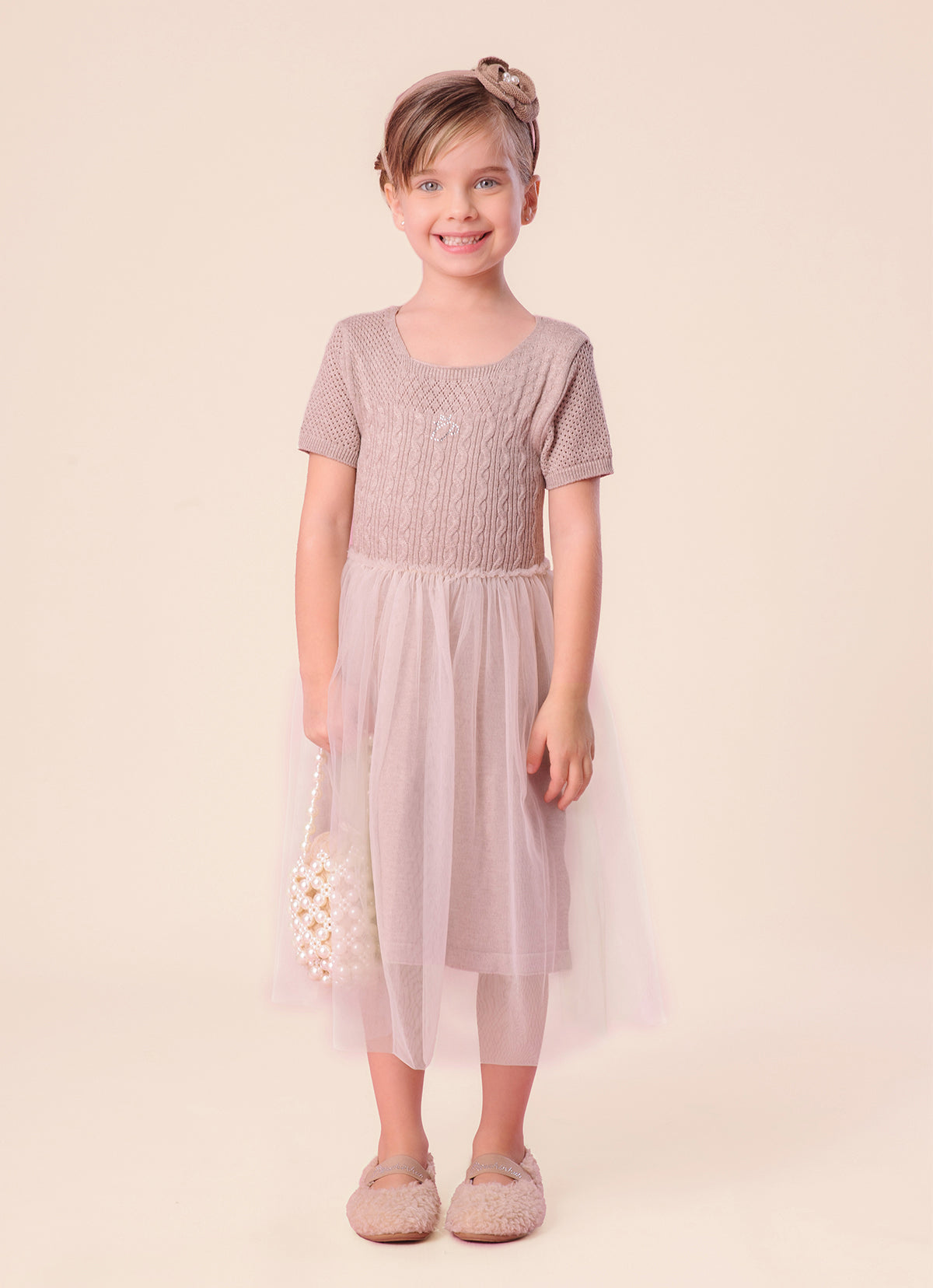 Vestido Tricot Tranças Saia Tule