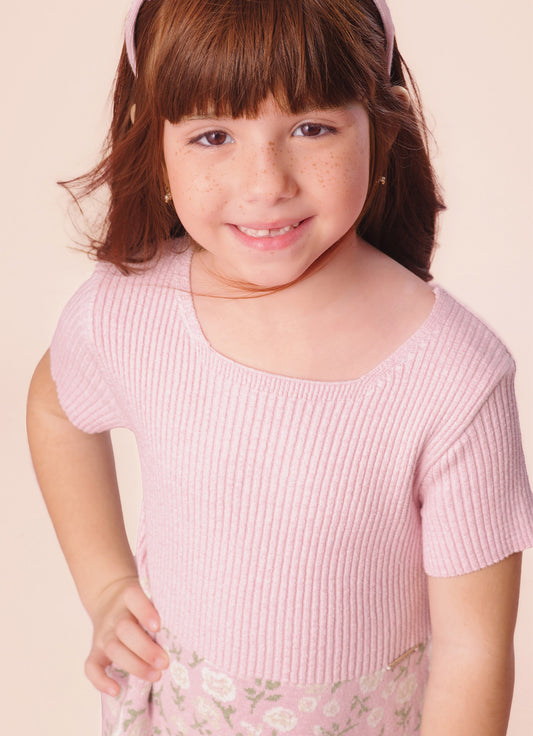 Vestido Tricot Canelado Saia Jacquard Floral Vestido Tricot Canelado Saia Jacquard Floral