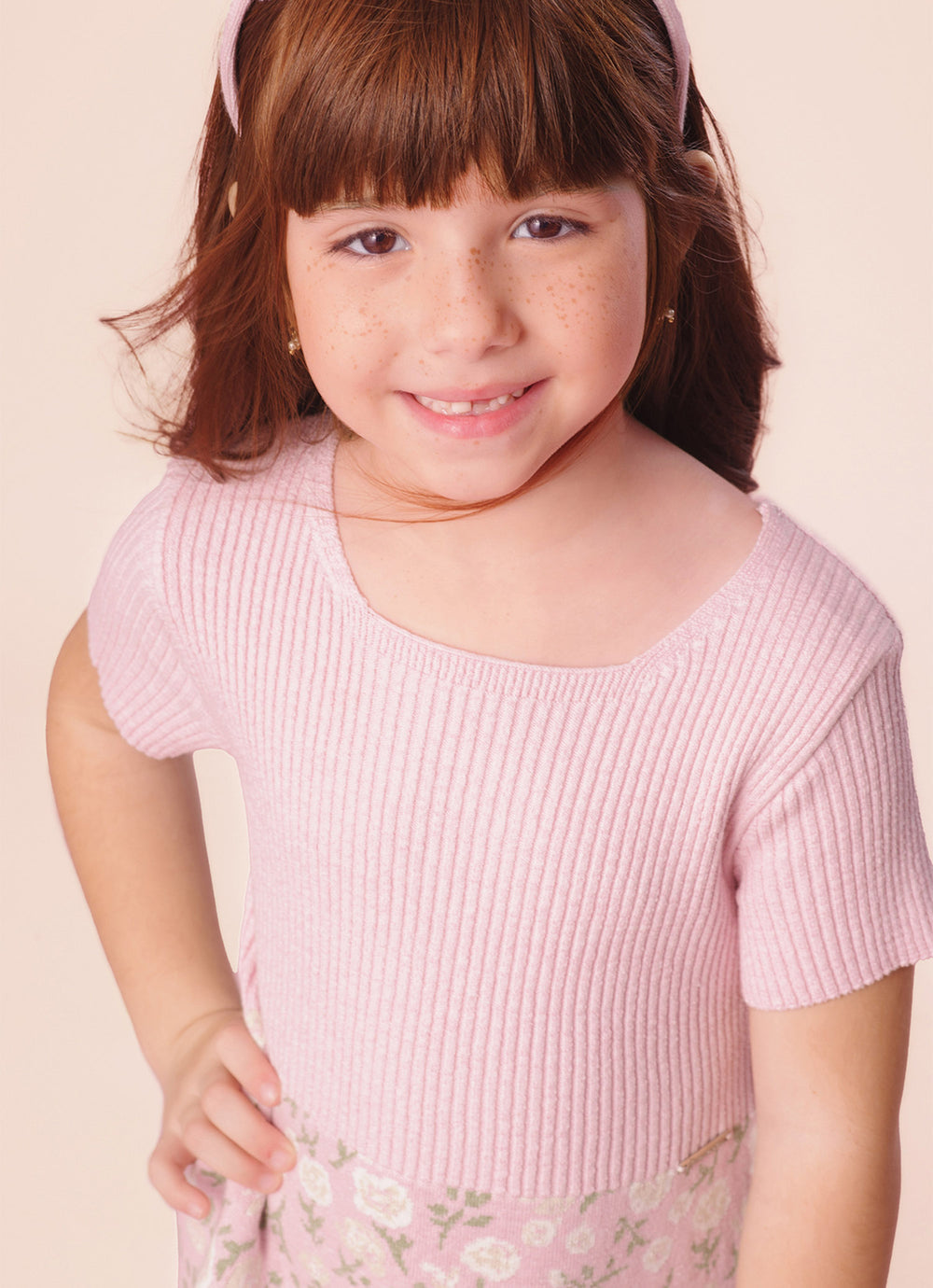 Vestido Tricot Canelado Saia Jacquard Floral