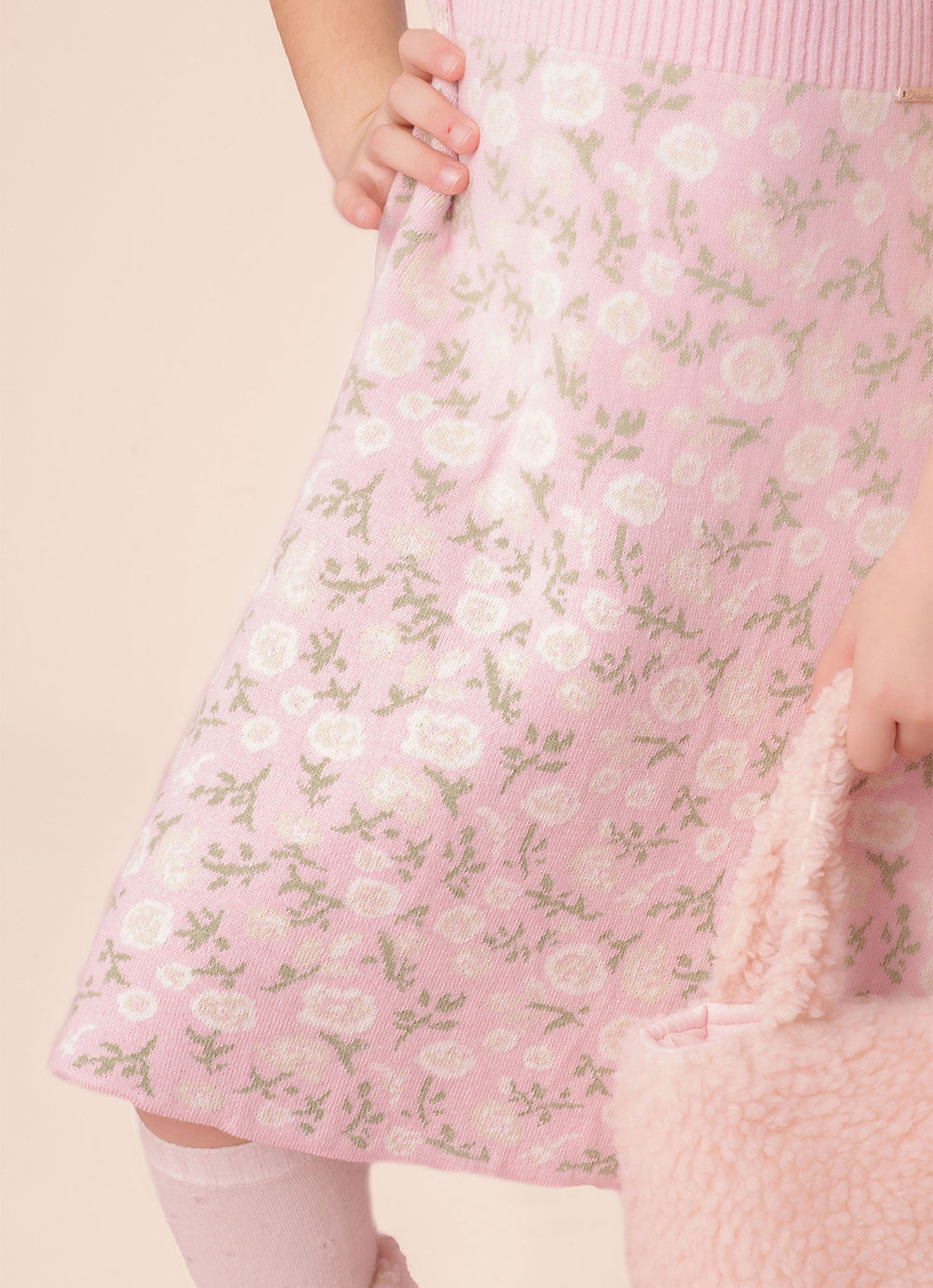 Vestido Tricot Canelado Saia Jacquard Floral