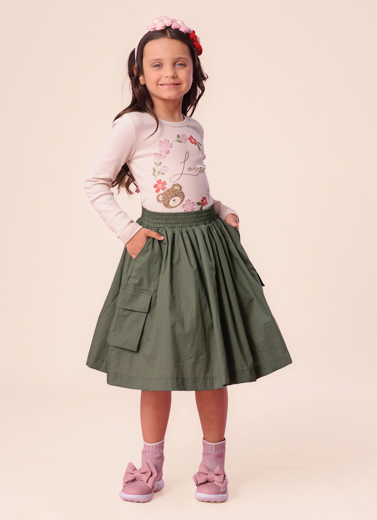 Saia Short Midi Tricoline Bolsos