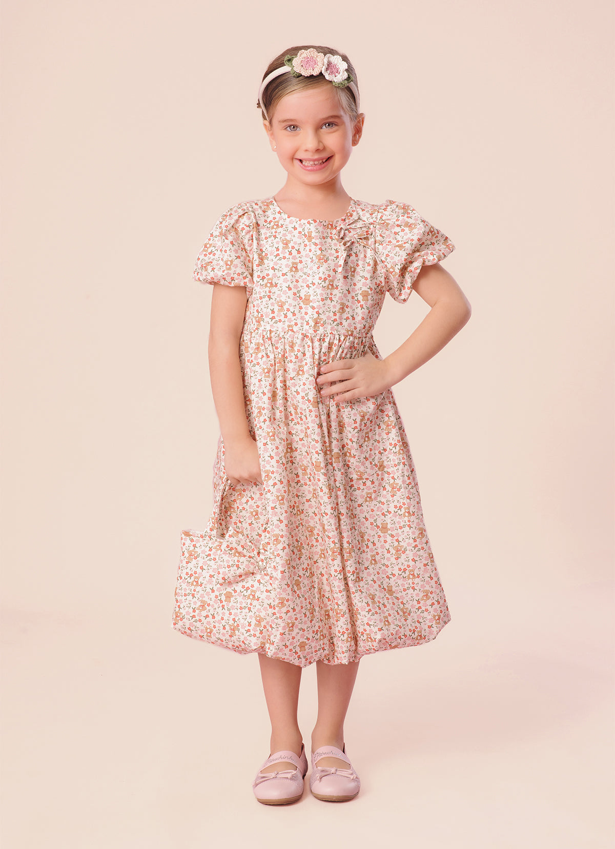 Vestido Balonê Algodão Estampa Liberty Laço